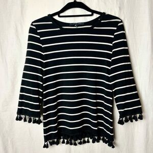Lemon Tart | New Kenner Black White Boho Striped Fringed Knit Top, Small Petite